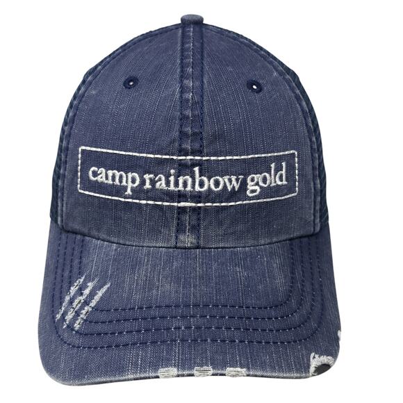 Camp Rainbow Gold Trucker Hat Blue One Size Adjustable Distressed Mesh Back - Picture 1 of 9